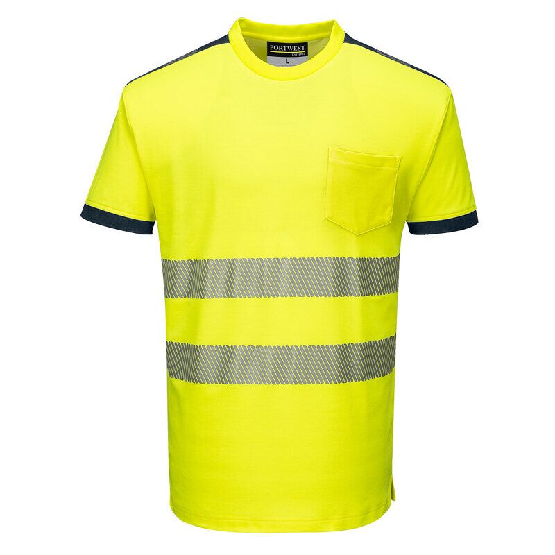 Portwest PW3 Hi-Vis Cotton Comfort Short Sleeved T-Shirt  (Yellow/Navy / XXL / Regular Fit)