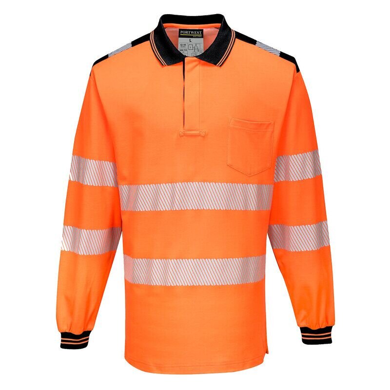Portwest PW3 Hi-Vis Cotton Comfort Long Sleeved Polo Shirt (Orange/Black / M / Regular Fit)