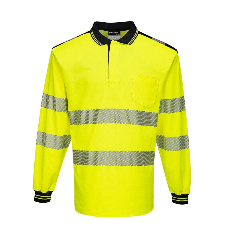 Portwest PW3 Hi-Vis Cotton Comfort Long Sleeved Polo Shirt (Yellow/Black / 4XL / Regular Fit)
