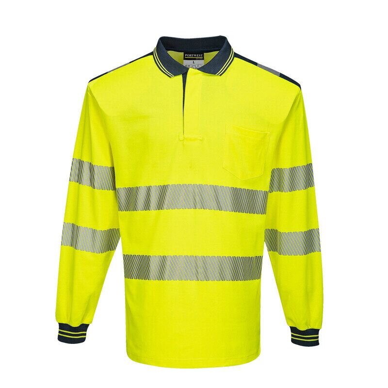 Portwest PW3 Hi-Vis Cotton Comfort Long Sleeved Polo Shirt (Yellow/Navy / S / Regular Fit)