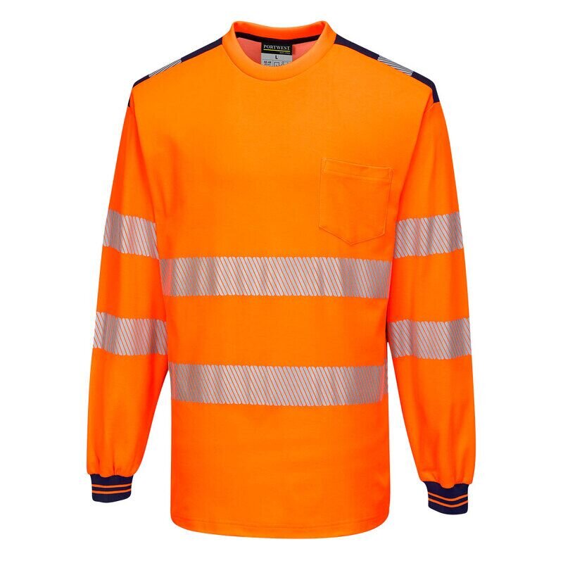 Portwest PW3 Hi-Vis Cotton Comfort Long Sleeved T-Shirt  (Orange/Navy / 5XL / Regular Fit)