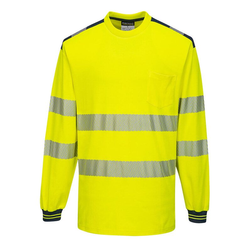 Portwest PW3 Hi-Vis Cotton Comfort Long Sleeved T-Shirt (Yellow/Navy / XXXL / Regular Fit)